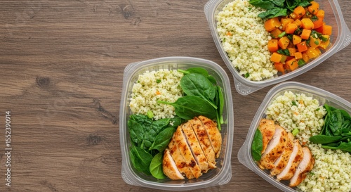 Healthy Meal Prep Containers with Grilled Chicken, Quinoa, Spinach, and Colorful Vegetables on a Wooden Background