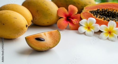 Fresh Tropical Fruits Featuring Mango, Papaya, and Exotic Flowers Arranged on a Bright White Surface for Vibrant Still Life Aesthetic
