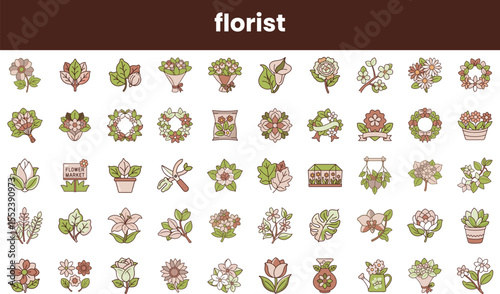A collection of charming floral illustrations featuring various plants, bouquets, and decorative arrangements, ideal for a florist's design or branding.