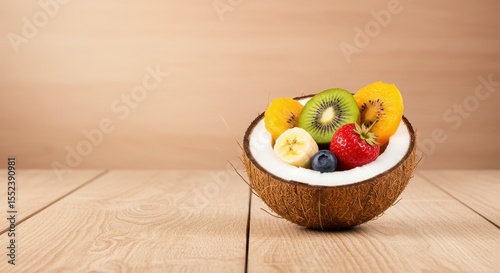 Fresh Tropical Fruit Salad in Coconut Half on Wooden Table with Soft Brown Background, Perfect for Healthy Eating and Refreshing Snack Ideas