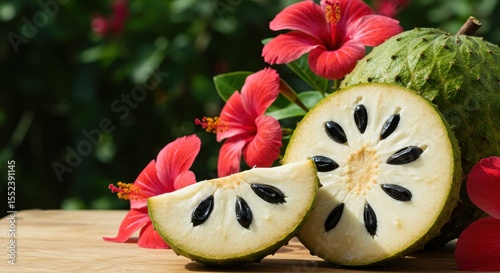 Freshly sliced soursop fruit with vibrant pink hibiscus flowers against a blurred green background capturing a tropical essence and natural beauty