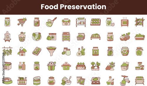 A vibrant collection of hand-drawn illustrations depicting various food preservation methods, including canning, drying, and pickling, showcasing an earthy color palette.
