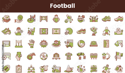 A collection of football-themed icons showcasing various elements of the sport, including equipment, players, and game moments in earthy tones.