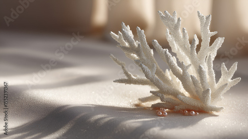 Elegant white coral sits on a textured surface, casting shadows and creating a serene, natural scene.
