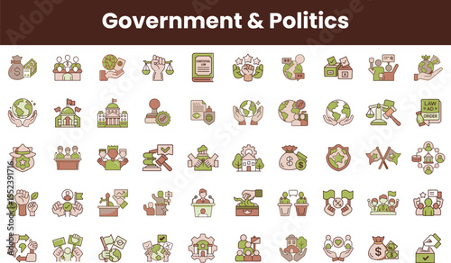 A collection of colorful icons representing themes of government and politics, including symbols of democracy, justice, and civic engagement.