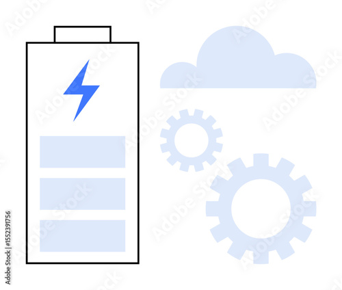 Battery icon with energy bolt, cloud, and gears showcasing power efficiency, cloud integration, and process automation. Ideal for sustainability, energy optimization, cloud computing, innovation