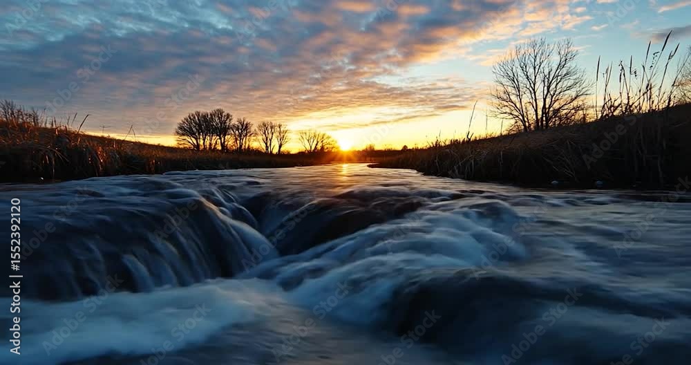 Video screenshot of a sunset over a flowing river. The water has a ...
