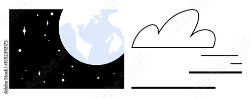 Earth and stars in space paired with a cloud with motion trails. Ideal for space exploration, environment, weather, global connection, innovation, science, simple landing page
