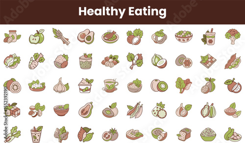 A colorful collection of healthy eating icons featuring fruits, vegetables, and nutritious dishes, inspiring a vibrant lifestyle choice.