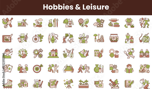 A vibrant collection of icons representing various hobbies and leisure activities, featuring gardening, arts, music, and sports elements in a playful design.