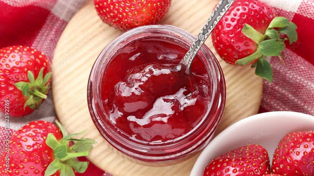 Woman taking tasty homemade strawberry jam from jar at table, top view