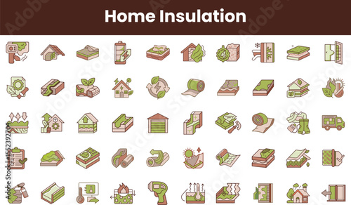 A colorful array of home insulation icons, featuring various materials and tools related to energy efficiency and home comfort, ideal for educational or marketing purposes.