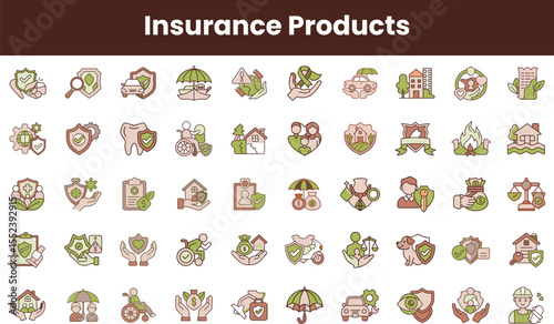 A vibrant collection of insurance product icons, including health, life, and property coverage, showcasing various professions and protection themes in an artistic layout.