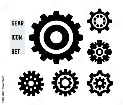 Collection of mechanical gear icons with diverse designs, ideal for industrial, engineering, and machinery illustrations.