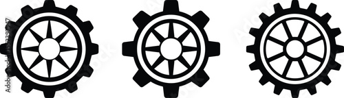 Set of gear wheel icons in various styles and sizes, representing mechanical and engineering concepts.