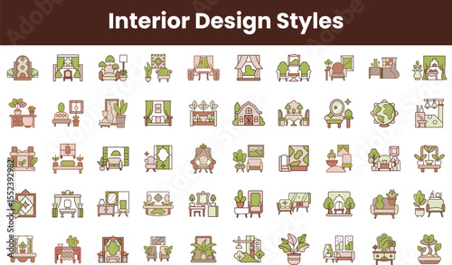 A vibrant collection of various interior design styles illustrated in a colorful, minimalist style, showcasing furniture, decor, and plants.