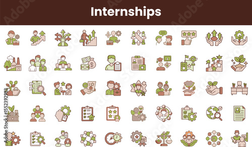 A vibrant collection of internship-themed icons featuring diverse individuals engaging with nature, teamwork, and professional growth, showcasing collaboration and development.