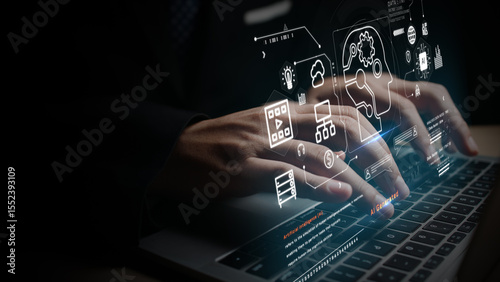 Business hands on keyboard with digital AI icons, data analysis, and cloud computing visuals, ideal for tech, innovation, and artificial intelligence themes. 3d Rendering