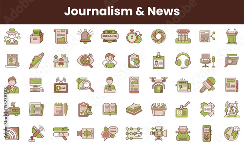 A diverse collection of journalism and news icons, featuring elements like microphones, cameras, and notepads, perfect for illustrating media themes.