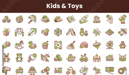 A colorful collection of playful toys and activities for children, featuring iconic items like building blocks, puzzles, and classic dolls in soft pastel tones.