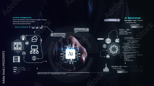 Businessman interacts with virtual AI interface, futuristic HUD with data, analytics, and machine learning icons in dark tech environment, 3d Rendering