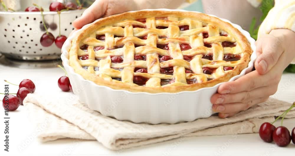 Woman putting tasty cherry pie at white wooden table, closeup Woman putting tasty cherry pie at white wooden table, closeup