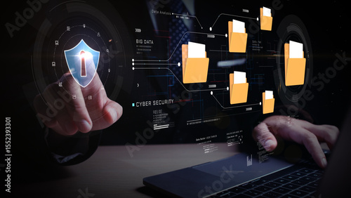 Futuristic cybersecurity interface with hands on keyboard, digital file folders, and big data visualization symbolizing data protection and secure cloud storage systems. 3d Rendering