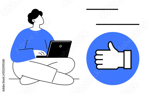 Person sitting cross-legged and typing on a laptop beside a prominent thumbs-up icon in blue. Ideal for technology, communication, approval, teamwork, social media, content creation, simple landing