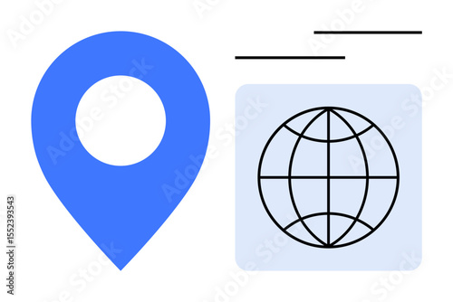 Blue geo-location pin alongside a globe grid and lines symbolizing navigation, worldwide reach, and digital networks. Ideal for travel, communication, maps, technology, global data, applications