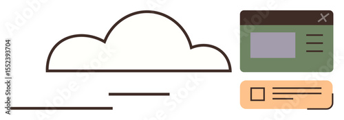 Cloud outline with data interfaces, browser window, and document icon. Ideal for cloud storage, digital services, technology, applications, automation, software simple flat metaphor