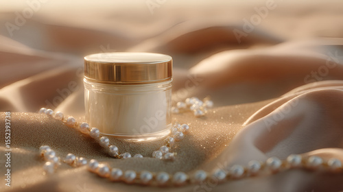 Elegant skin cream with gold lid, accented by pearls and soft fabric. Beauty meets luxury.