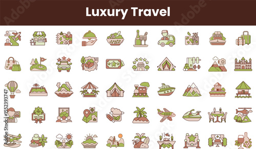 A vibrant collection of luxury travel icons featuring various destinations and activities, showcasing adventure, relaxation, and indulgence in a visually appealing design.