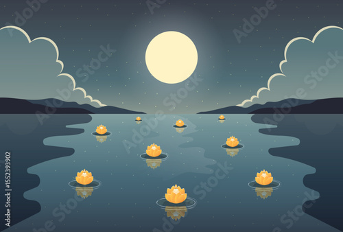 Peaceful River Scene at Night with Lanterns and Moon Vector.