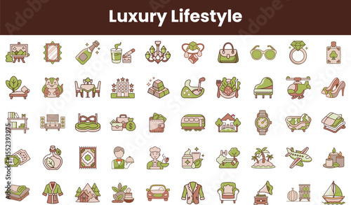 A vibrant collection of luxury lifestyle icons featuring stylish items and symbols, perfect for conveying elegance and sophistication in design.