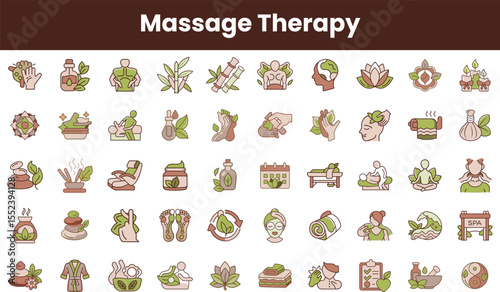 A collection of icons depicting various elements of massage therapy, including hands, plants, and relaxation tools, showcasing the essence of wellness and self-care.