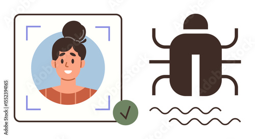 Smiling face in recognition frame with green checkmark and bug outline with wavy lines. Ideal for technology, cybersecurity, AI, programming, facial recognition, error detection, simple flat metaphor