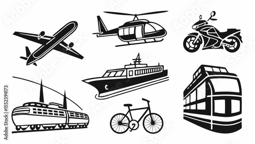 Transportation Icons Airplane, Helicopter, Motorcycle, Ship, Train, Bicycle