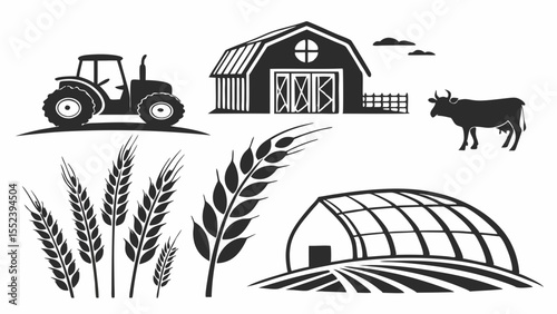 Farm Life Tractor, Barn, Wheat, Cow, Greenhouse Illustrations