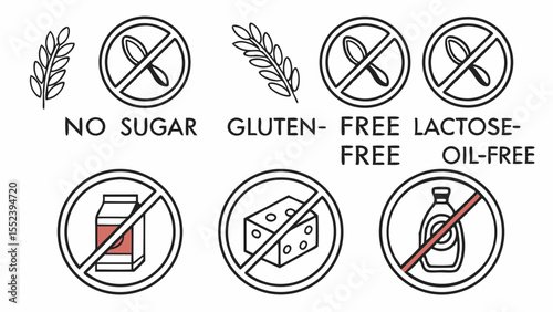 Sugar-Free, Gluten-Free, Dairy-Free & Oil-Free Diet Icons