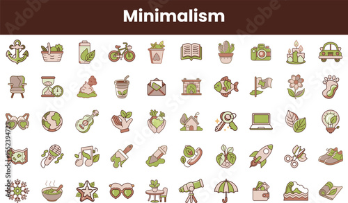 A diverse collection of minimalist icons featuring nature, hobbies, and everyday objects, showcasing a harmonious blend of green and earth tones.
