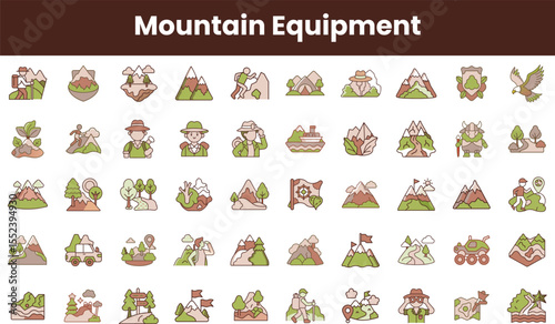 A collection of mountain-themed icons depicting various activities and equipment related to hiking, camping, and outdoor exploration in a serene color palette.