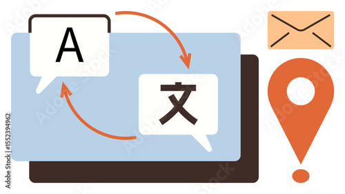 Speech bubbles with arrows symbolizing translation between languages, map marker for location, and envelope for communication. Ideal for language services, translation, navigation, localization