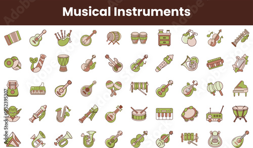 A vibrant collection of musical instruments, including guitars, drums, and wind instruments, depicted in various playful designs, showcasing creativity and joy.