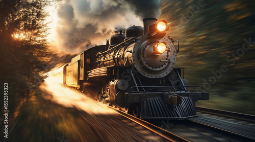 Steam Train Traveling Through Lush Forest in Warm Morning Light