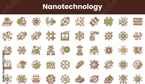 A vibrant and detailed collection of nanotechnology icons, featuring various scientific symbols and structures, set against a warm brown background.