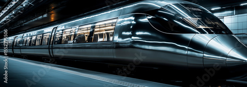 Modern Subway Train at Illuminated Underground Station Platform at Night