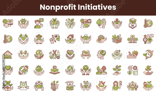 A vibrant collection of icons representing various nonprofit initiatives, showcasing themes of environmental conservation, community support, and sustainability in a visually appealing format.