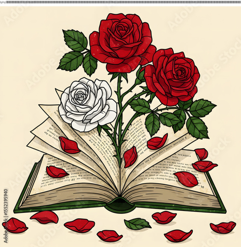 Red and White Roses Emerging from an Open Book A Romantic Illustration