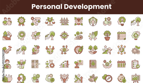 A colorful collection of icons representing personal development, including growth, goals, and self-improvement themes, perfect for motivational designs.