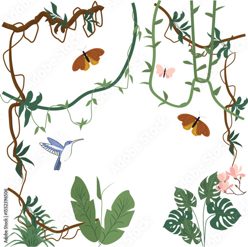 Set of colorful tropical lianas and jungle plants with birds and flowers. Flat cartoon-style climbing vines, twigs, and exotic foliage elements on white backgroun. Vector illustrations for web design,